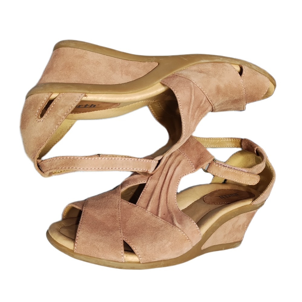 Earth Slingback Sandals Womens US Size 9B Pink Tan Leather Wedge Heel Peep Toe